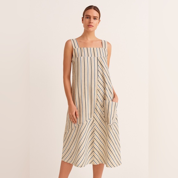 SPANNER Dresses & Skirts - Spanner Midi Dress Tan/white/charcoal striped sleeveless dress size S